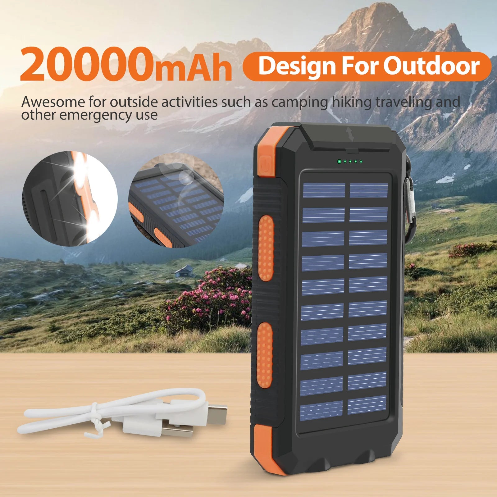 20000mAh Solar Power Bank Portable Solar Charger Waterproof Dual 5V USB Ports 2 LED Lights
